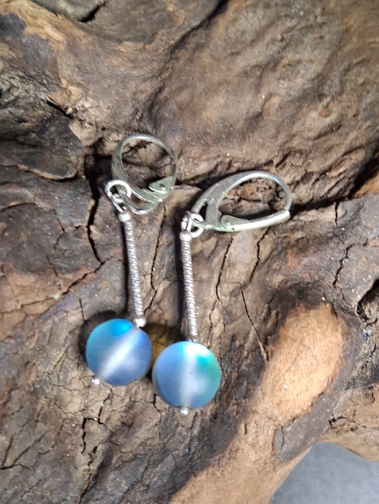 Handmade Jewelry - Sterling Silver Leverback Earrings with Aqua-Blue Frosted Beads